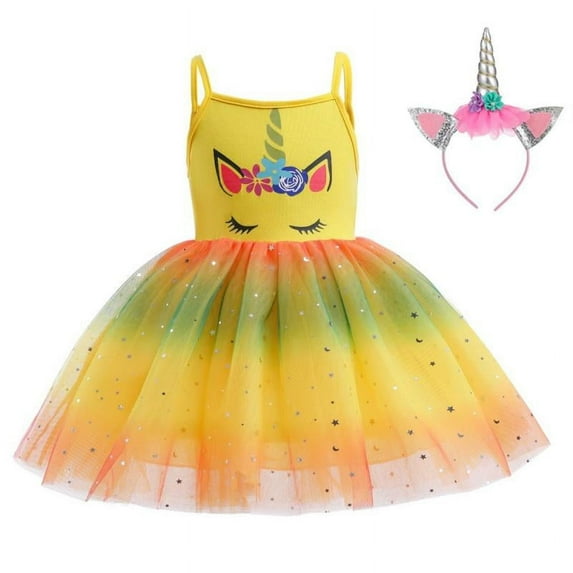 Girls Unicorn Party Dress Summer Kids Birthday Sparkly Rainbow Princess