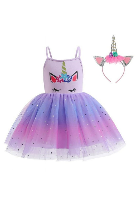 Girls Unicorn Party Dress Summer Kids Birthday Sparkly Rainbow Princess