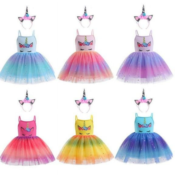 Girls Unicorn Party Dress Summer Kids Birthday Sparkly Rainbow Princess