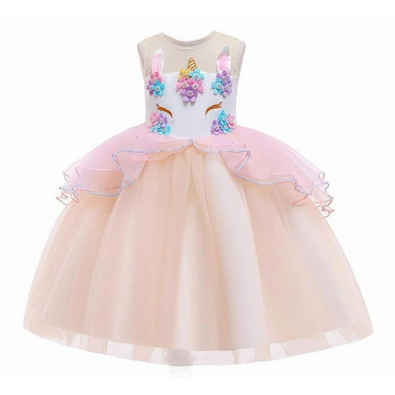 Girls Unicorn Party Gown Kids Unicorn Princess Dress Flower Dress up Costume