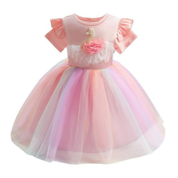 Girls Unicorn Party Lace Dresses Kids Wedding Birthday Sparkly Rainbow Princess Dress