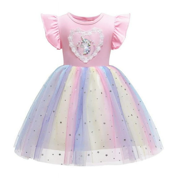 Girls Unicorn Party Lace Dresses Kids Wedding Birthday Sparkly Rainbow Princess Dress