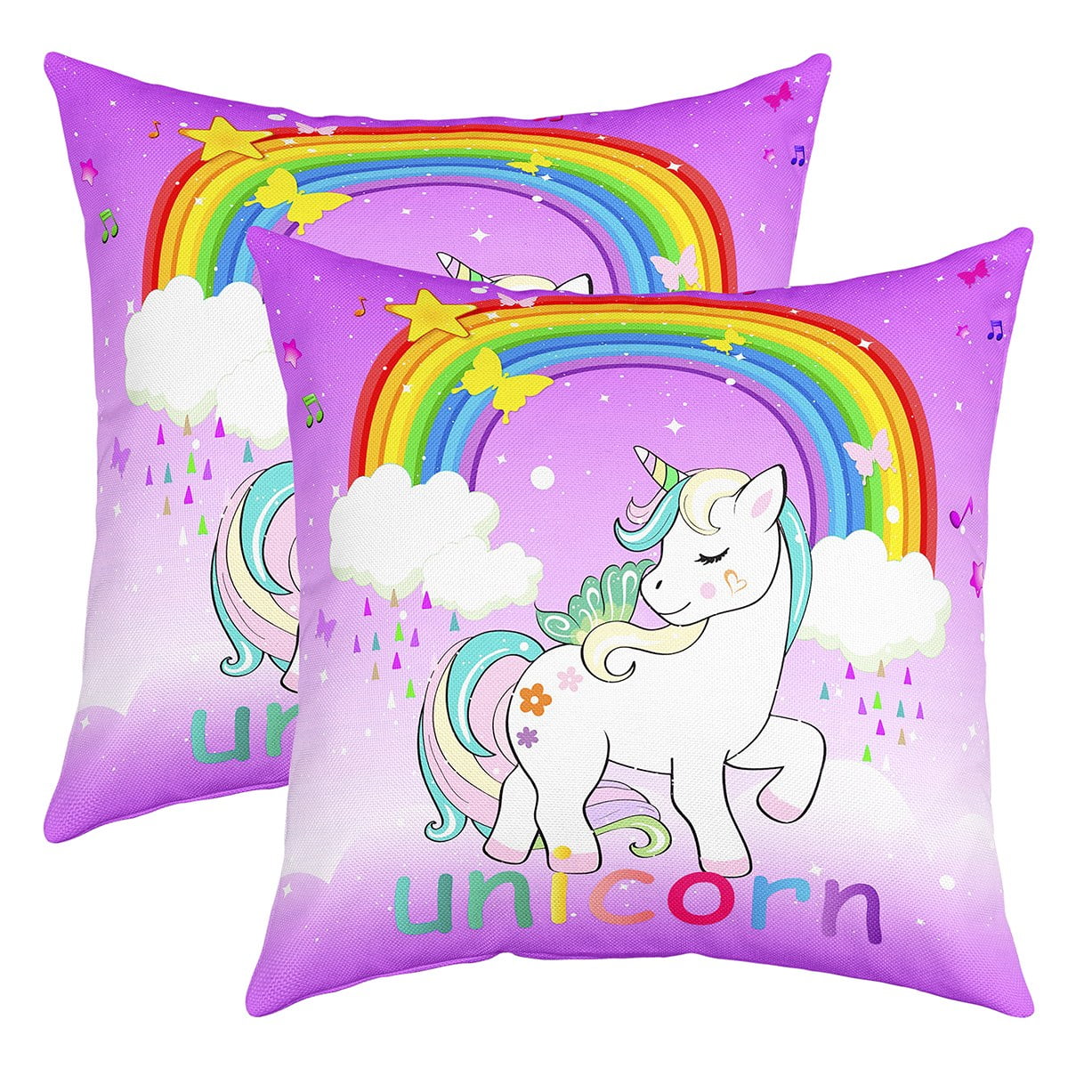 Girls Unicorn Pillow Covers 20x20 Inch Set of 2, Kids Unicorn Butterfly