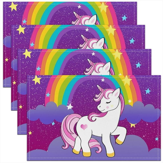 Girls Unicorn Placemats 12x18, Kawaii Cute Unicorn Print Wipeable Table Mats for Kids Boys Girls Cartoon Horse Scratch Proof 4Pcs Place Mats Galaxy Stars Magical Unicorn Meal Mats for Kitchen, Purple