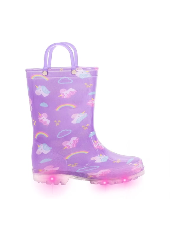 Toddler Kids Rain Boots Girls Light Up Waterproof Boots with Handles, Purple, Size 11
