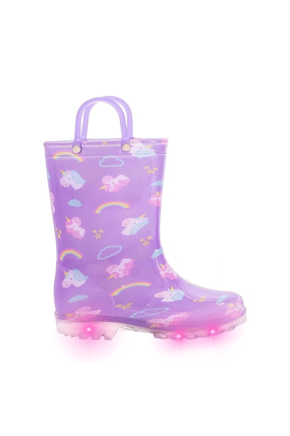 Toddler Kids Rain Boots Girls Light Up Waterproof Boots with Handles, Purple, Size 10