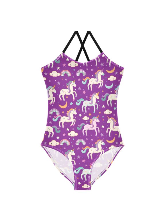 Girls Unicorn Rainbow Clouds Print One Piece Swimsuit, Cross Back Spaghetti Strap Bathing Suit for Kids Summer Beach Pool Swimwear 5-6T