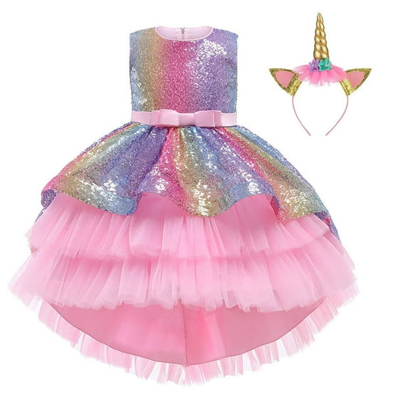 Girls Unicorn Rainbow Costume Dress High-Low Christmas New Year Princess Gown