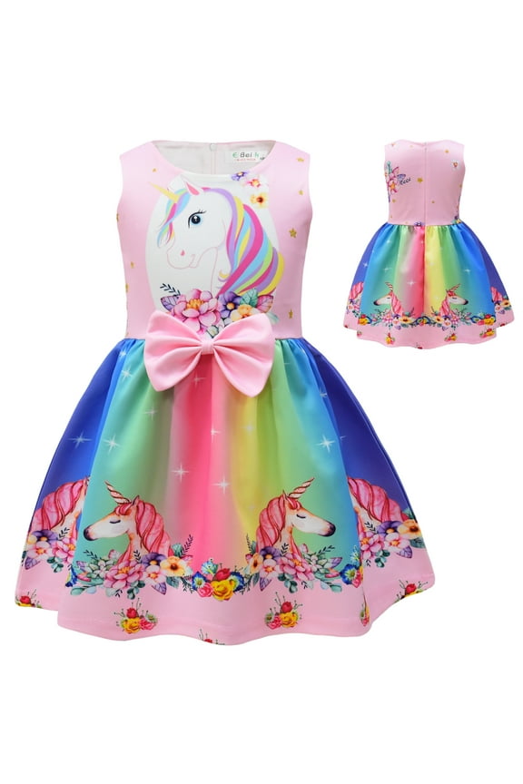 Girls Unicorn Rainbow Dress Toddler Kids Princess Sleeveless Casual Dress 3-7T