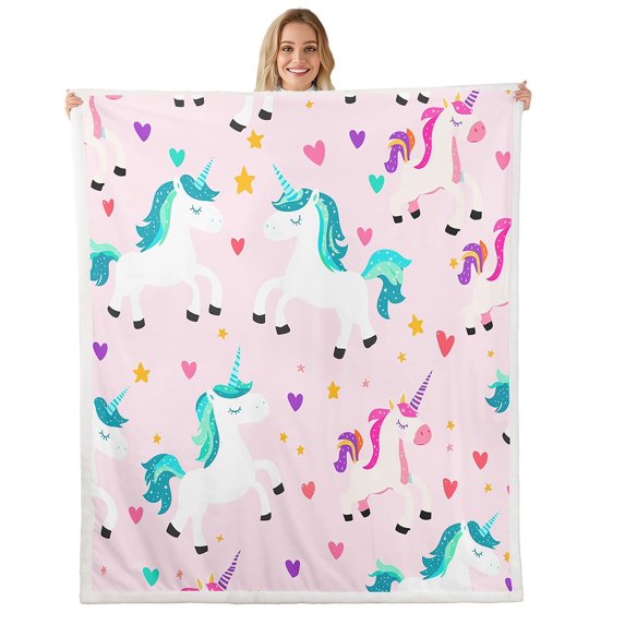 Unicorn Sherpa Blanket Throw Size, Cute Love Heart Throw Blanket, Girly Fantasy Unicorn Fleece Blanket Magical Animal Dreamy Horse Fuzzy Blanket For Bedroom Sofa Couch,Pink