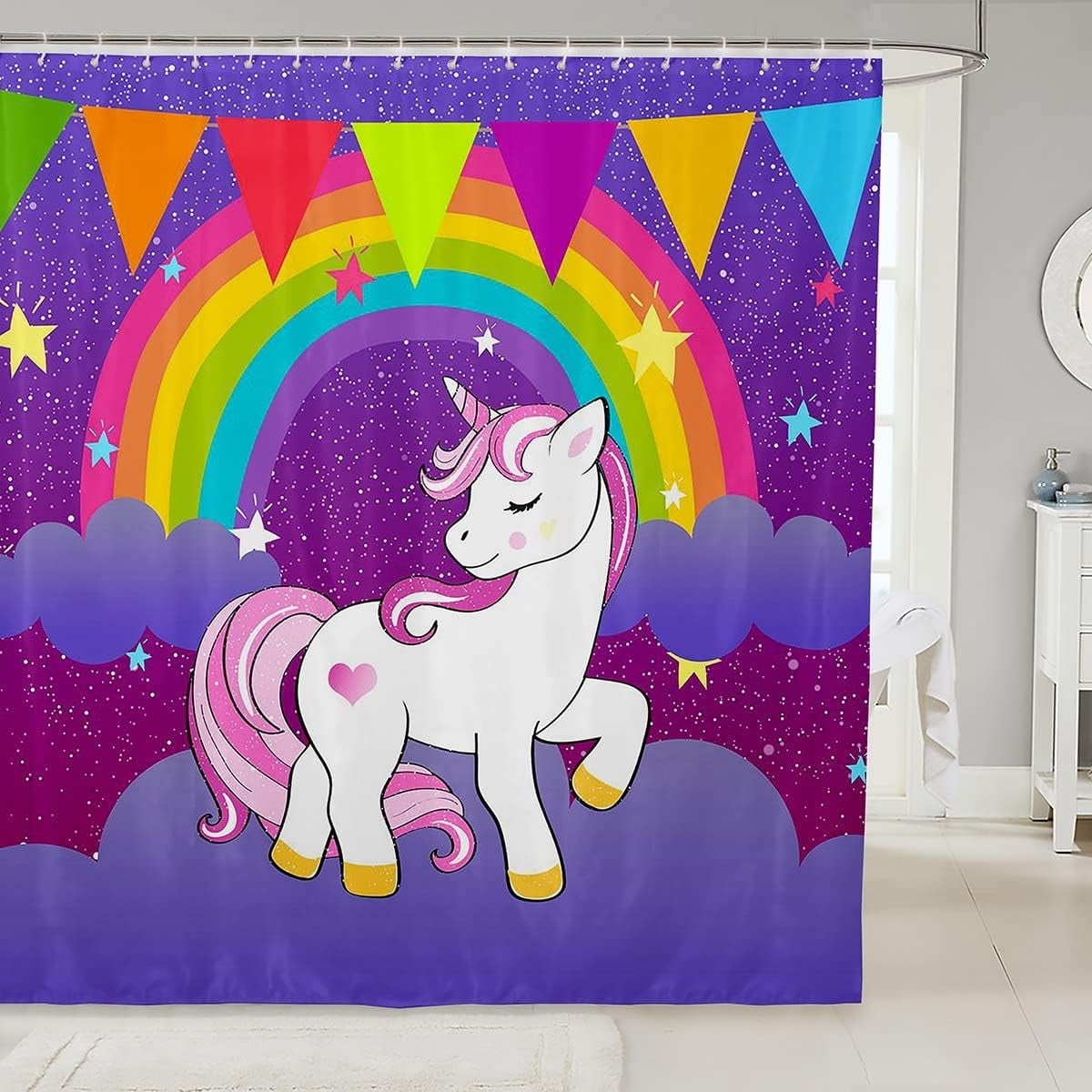 Girls Unicorn Shower Curtain Girls Bath Curtain Cute Rainbow Unicorn