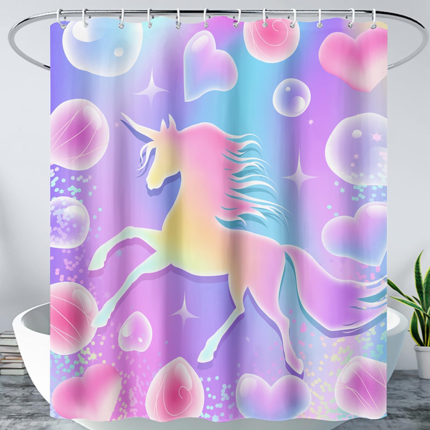 Girls Unicorn Shower Curtain For Bathroom, Pink Hearts Rainbow Unicorn