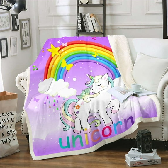 Unicorn Throw Blanket Twin Size Unicorn Butterfly Fleece Blanket Cute Rainbow Unicorn Print Fuzzy Blanket Girly Galaxy Stars Bed Blanket Bedroom Decor Cartoon Unicorn,Purple
