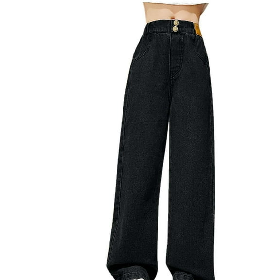 Girls Uniform Black Jeans New Tall Girls Jeans, School Pants for Girls High Waist Straight Leg Denim Pants with Pocket Casual Trousers