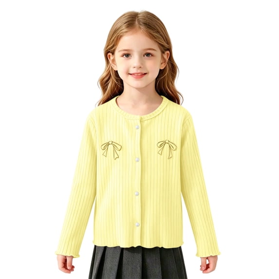 Girls' Uniform Cardigan Bow Embroidery Long Sleeve Button down Ribbed Knit Cardigan Sweater School Kids Casual Outwear Jacket