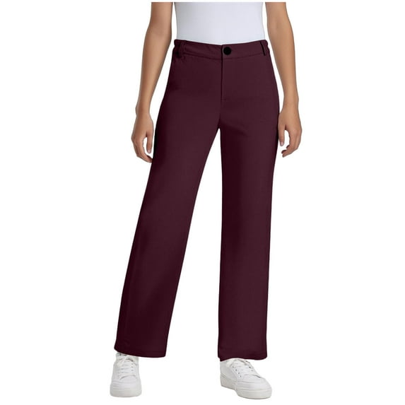 Girls Uniform Chino Pants, Kids High Waisted Dressy Pants Stretchy Straight Leg Solid Color Pants with Pockets Wide Leg Flowy Pants Wine 160