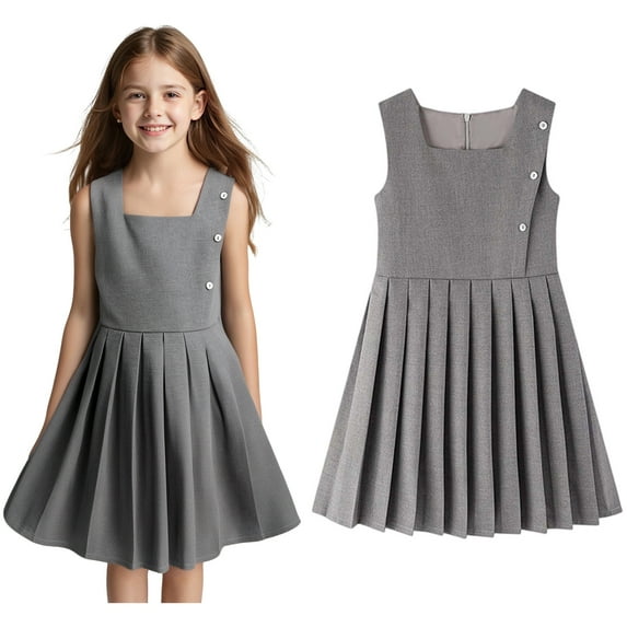 Girls Uniform Dress Cute Pleated Knee Length Sleeveless Grey Jumpers for Girls School Clothes for Girls 13-14 Years