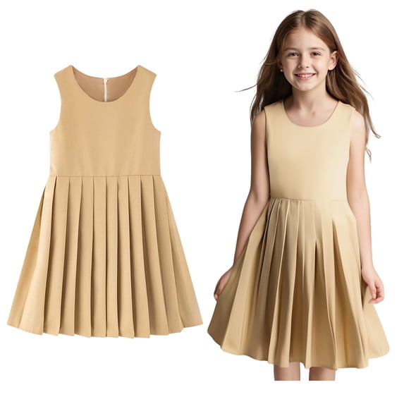 Girls Uniform Dress Cute Pleated Knee Length Sleeveless Khaki Uniform Jumper Girls Uniform 15-16 Years