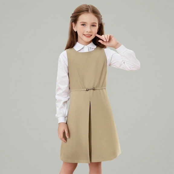 Girls Uniform Dress Knee Length Sleeveless Khaki Uniform Jumper Girl Clothes Size 16-17 Years