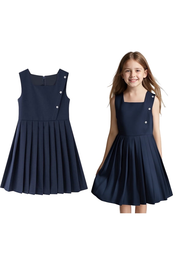 Girls Uniform Dress Knee Length Sleeveless Navy Girls Jumper Dress Uniform Shirts for Girls 6-7 Years
