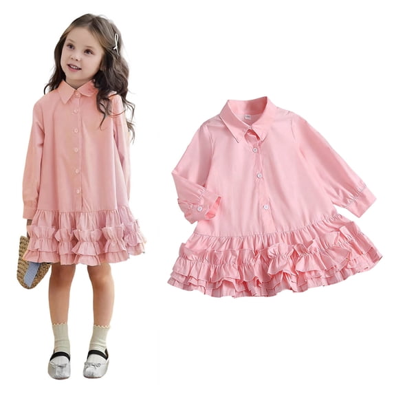 Girls Uniform Dress Long Sleeve Shirt Dress Layered Ruffle Girls Uniform 6-7 Years