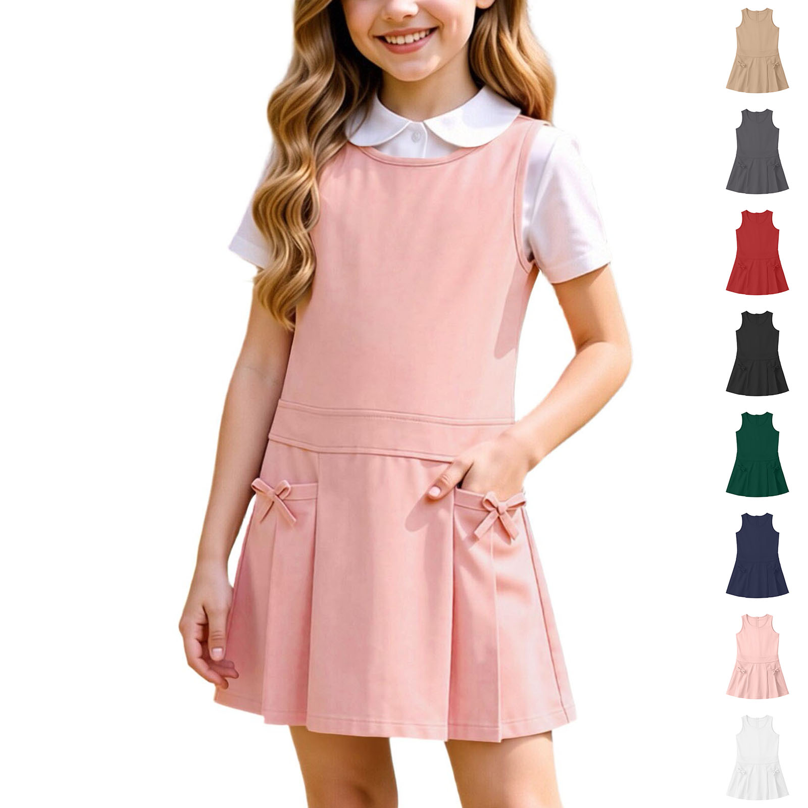 Girls Uniform Dress Sleeveless Crew Neck Jumper Dress A-Line Uniform Skirts with Pockets Back to School Dress Size 3-12 Years