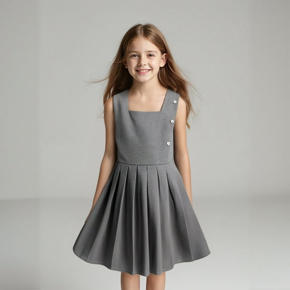 Girl Uniform Dress Cute Pleated Knee Length Sleeveless B-Grey Girls Jumper Dress Girls Size 8-9 Years Clothes