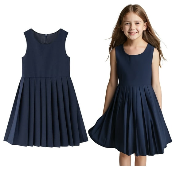Girls Uniform Dresses Cute Pleated Knee Length Sleeveless Navy Uniform Jumper Kids Uniform 13-14 Years