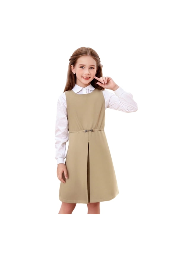 Girls Uniform Dresses Knee Length Sleeveless Khaki Girls Jumper Dress School Uniform for Girls 14-15 Years