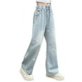thumbnail image 1 of Girls Uniform Jeans New Pull On Jeans for Girls Mid Rise Elastic Waist Straight Leg Denim Pants Ripped Heart Embroidered Kids Cute Jeans for School Uniform, 1 of 6