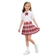 thumbnail image 1 of Girls Uniform Outfit Short Sleeve Puff Sleeve Collared Shirt Plaid Pleated Skirt Set 2 Piece Red 11-12 Years, 1 of 6