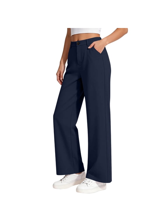 Girls Uniform Pants Boys Kids Stretchy High Waisted Straight Leg Flare Dress Pant with Pockets