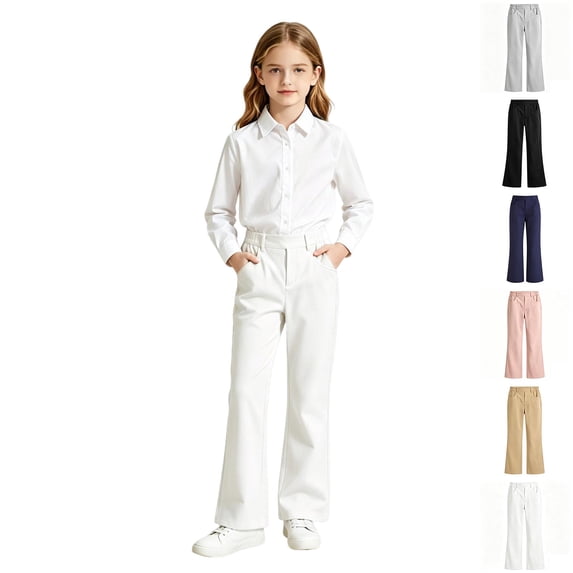 Girls Uniform Pants Elastic Waist Flare Leg White School Pants for Girls School Clothes Size 5-16 Years