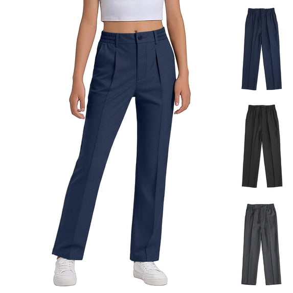 Girls Uniform Pants Elastic Waist Straight Leg Slim Fit Unisex Navy School Uniform Pants Boys Back to School Clothes Size 4-18 Years