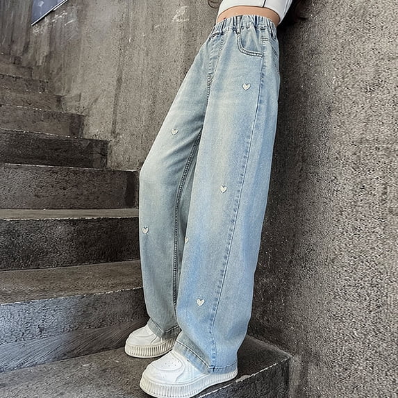 Girls Uniform Pants Navy Blue Cargo Jeans For Girls Girl Jeans Girl's Love Heart Print Back Zipper Fly Elastic High Waist Denim Pants Basic Wide Leg Jeans