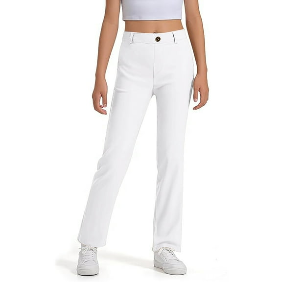 Girls Uniform Pants With Pockets Kids High Stretch Dress Pants Elastic Waist Flare Pants For Teens School Uniform Straight Fit Pants For Back To School, Birthday, Christmas, Graduation White,120=5-6Y