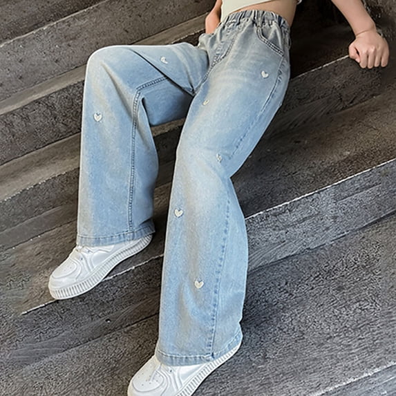 Girls Uniform Pants Stretchy Ripped Denim Jeans for Kids Straight Wide Leg Distressed Washed Cotton Baggy Pants Casual Lightweight
