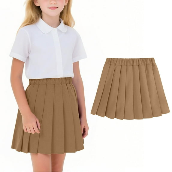 Girls Uniform Pleated Skirts Back to School Scooter Skirts with Undershorts Cotton Elastic Waist Mini Skirt Brown, 4-5Y