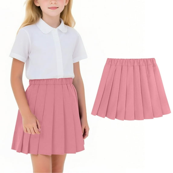 Girls Uniform Pleated Skirts Back to School Scooter Skirts with Undershorts Cotton Elastic Waist Mini Skirt Pink, 6-7Y