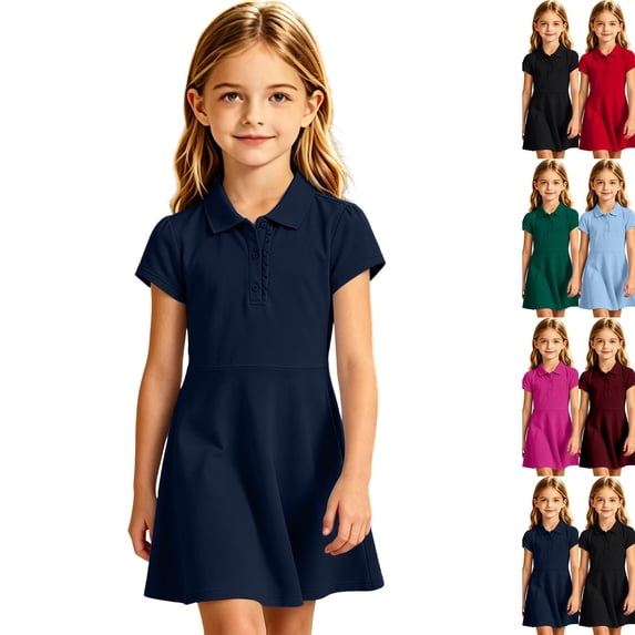Girls Uniform Polo Dress Toddler Button Callor Short Sleeve Solid Tennis Dress A-Line Athletic Dresses for Kids,Navy,150