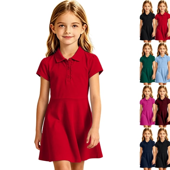 Girls Uniform Polo Dress Toddler Button Callor Short Sleeve Solid Tennis Dress A-Line Athletic Dresses for Kids,Red,120