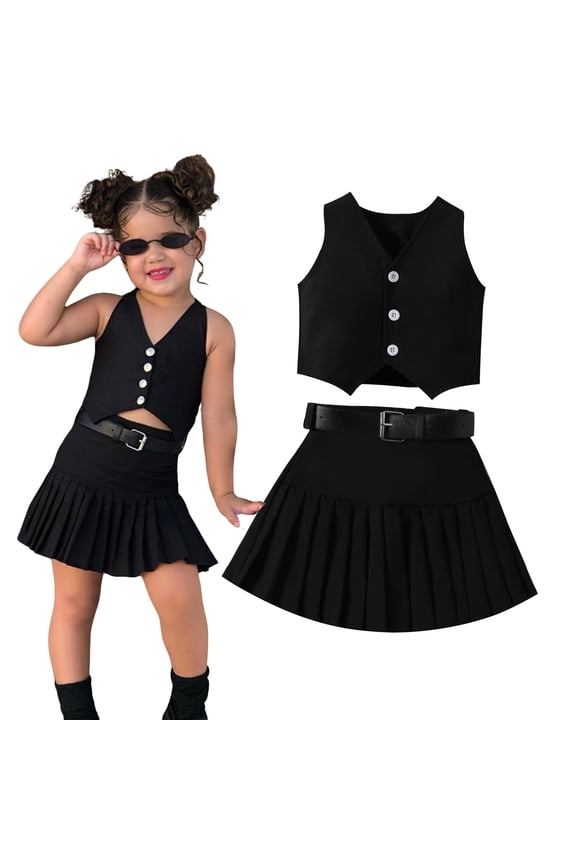 Girls Uniform Skirts 2 Piece Sleeveless Button Down Vest A Line Pleated Skirt Set with Belt Girls Uniform Dresses 4-5 Years