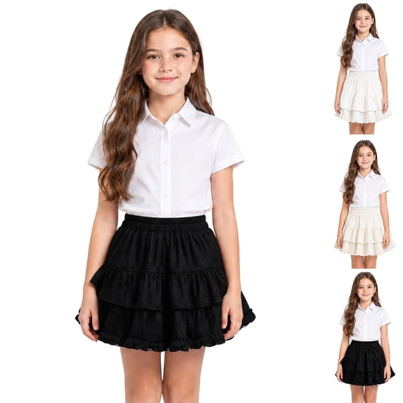 Girls Uniform Skirts Cake Layered Ruffle Pleated Mini Skirt Elastic Waist A-Line Skort