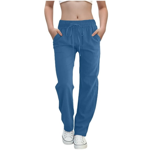 Girls Uniform Trousers Linen Pants for Girls Drawstring High Waisted Casual Pull on Straight Leg Trousers with Pockets Children Casual Slim Leg Sweatpants Blue 160
