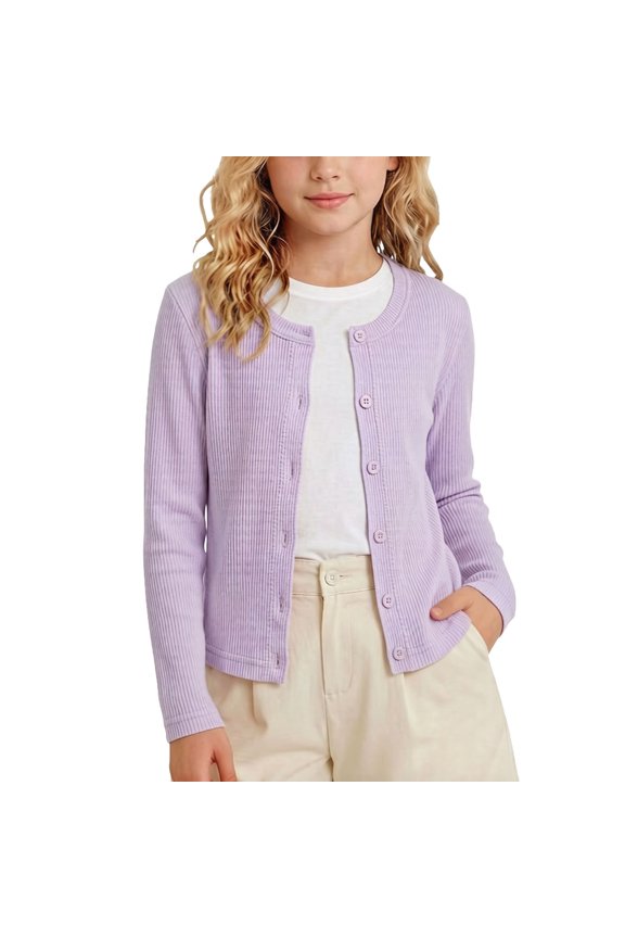 Girls' Uniforms Cardigan Long Sleeve Ribbed Knit Crew Neck Lightweight Button Down Shirt School Kids Student Outerwear Top Size 80-130 Purple