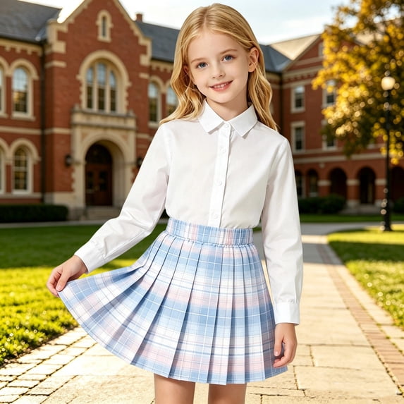 Girls Uniforms Plaid Pleated Mini Skirt Elastic High Waist Tennis Skirts for Daily Wearing (Blue 5-6 Years)