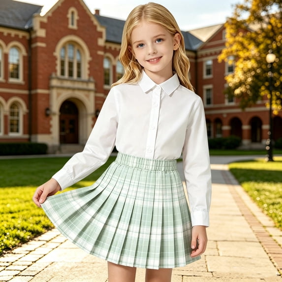Girls Uniforms Plaid Pleated Mini Skirt Elastic High Waist Tennis Skirts for Daily Wearing (Mint Green 15-16 Years)