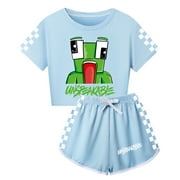 FODOGSH Girls Unspeakables Anime Cartoon Graphics Printed Short Sleeve T-shirt & Shorts Athletic Outfit Summer Jogging Tracksuit 2 Piece Casual Tops Tees Sport Set Cotton Sweatsuits Kids Clothes Gift 3-13