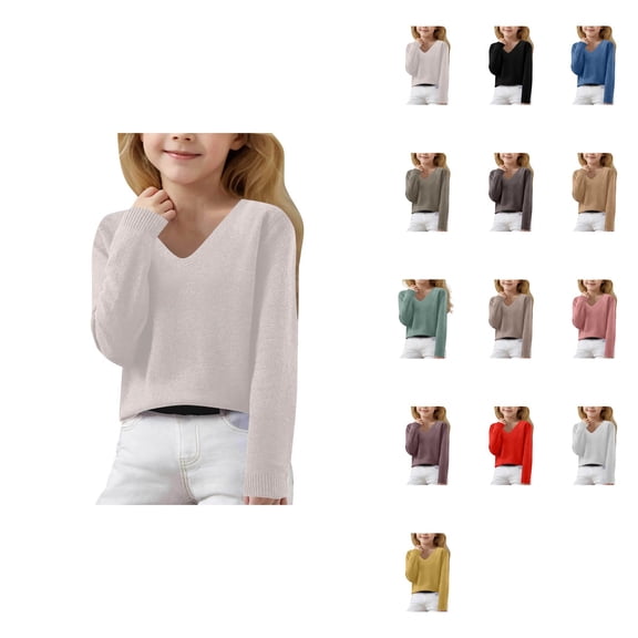 Girls V Neck Knit Pullover Sweater, Long Sleeve Oversized Loose Fit, Soft Comfortable Autumn Winter Casual Wear