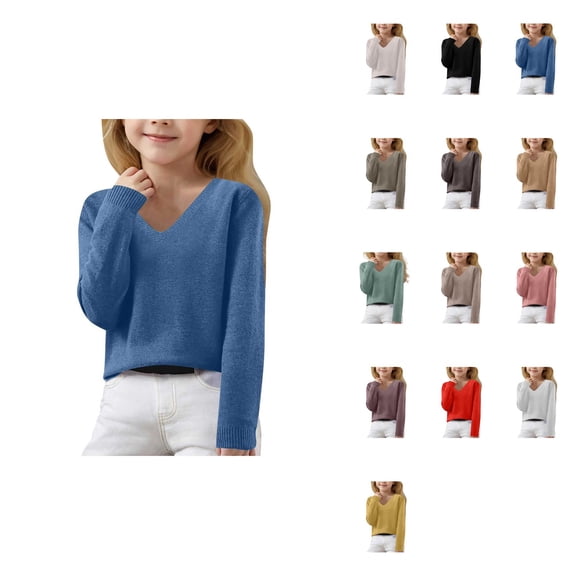 Girls V Neck Knit Pullover Sweater, Long Sleeve Oversized Loose Fit, Soft Comfortable Autumn Winter Casual Wear